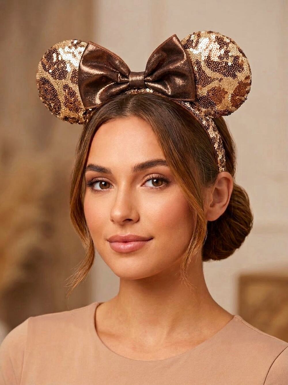 NWT Authentic Shanghai Disney Resort Minnie Mouse Ears Leopard Sequin Headband